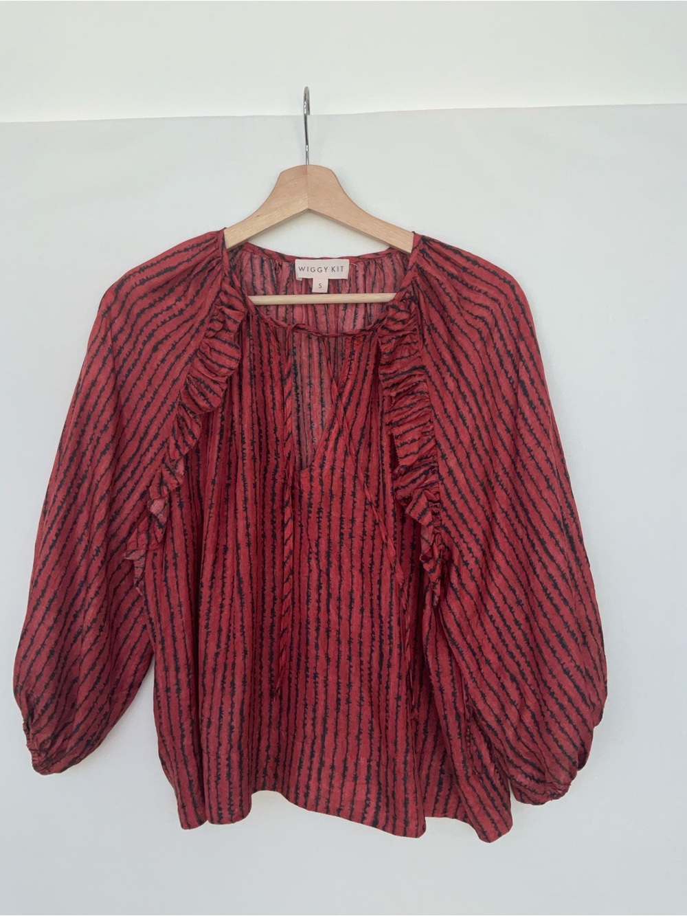 Wiggly Kit Silk Red Striped Ruffle-Trim Blouse
